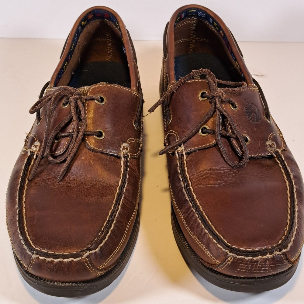 Timberland Mens Brown Leather Boat Shoes‎ Nautical Signal Flag Lining Loafers 12
